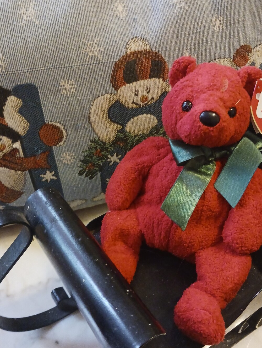 TY 2000 Mistletoe Bear On Vintage 1970s Black Sleigh